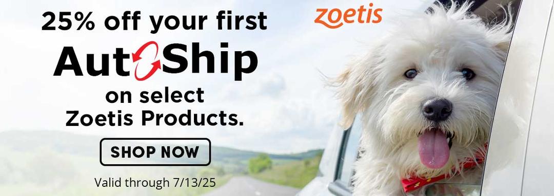 25% off your first auto-ship on select Zoetis products. Valid through 7-13-25.