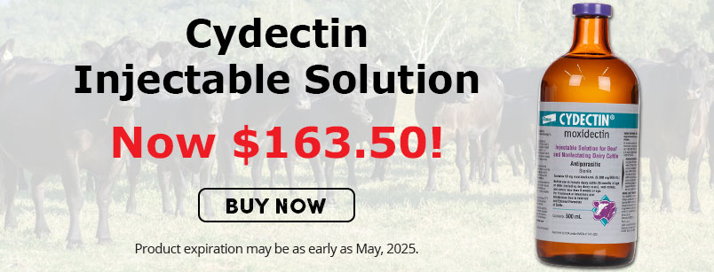 Cydectin Injectable Solution Now $163.50! Product expiration may be as early as May, 2025.