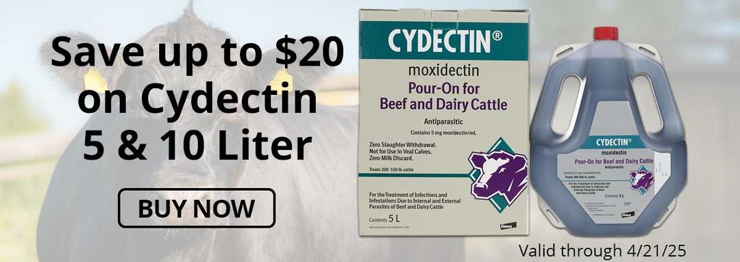 Save up to $20 on Cydectin 5 & 10 Liter. Valid through 4-21-25.