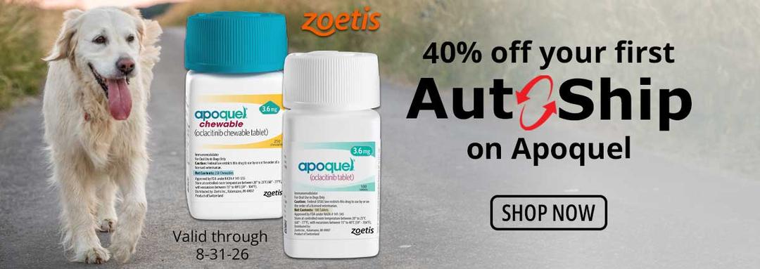 40% off your first Auto-Ship on Apoquel. Valid through 8-31-26.