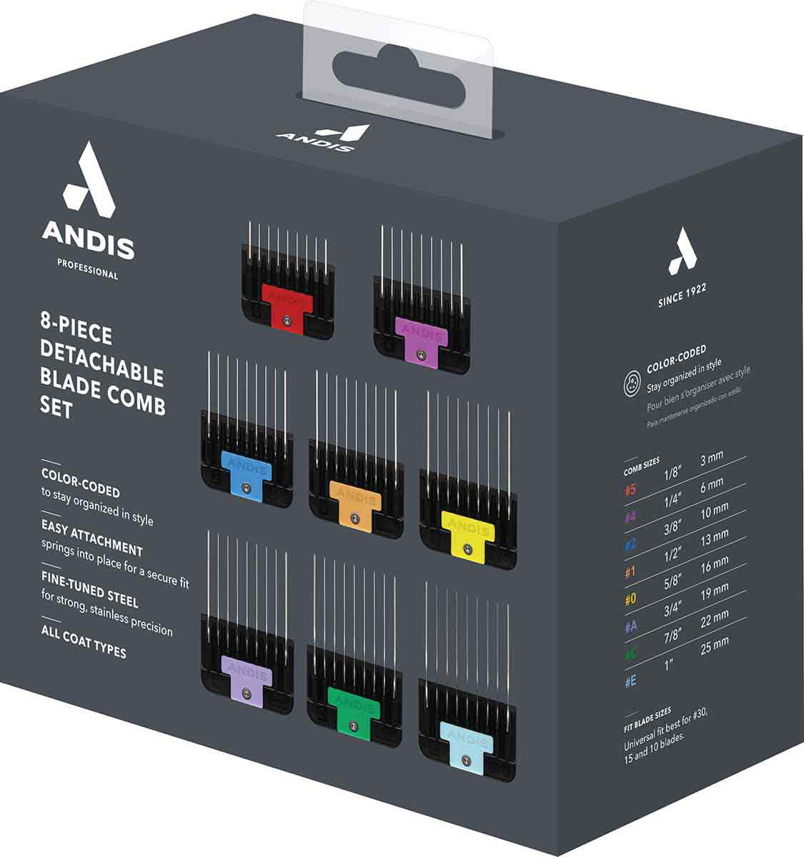 thumbnail image 2 of Andis 8-Piece Stainless Steel Detachable Comb Set For Andis Clippers (#5, #4, #2, #1, #0, #A, #C, #E) 2 of 14