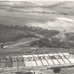Aerial view of stockyards with city name of Marysville