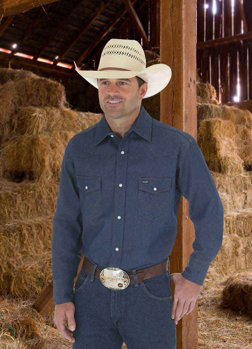 Cowboy Cut Work Western Rigid Denim Mens Long Sleeve Shirt Wrangler - Mens  Clothing