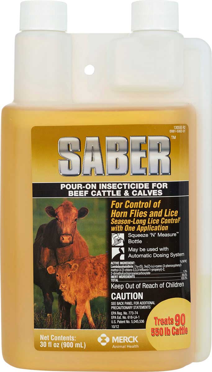 Saber Pouron Insecticide for Beef Cattle Calves Merck Pouron, Spray Dust Cattle Fly Lice Fly