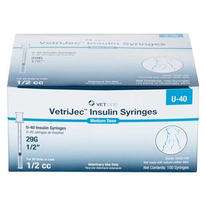 VetriJec U-40 Insulin Syringe with Needle for Animal Use 100 ct (1/2 cc w 29 ga x 1/2 in) - Item # 34438