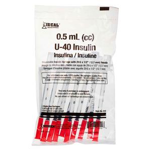 Single Use U-40 Insulin Syringe with Needle for Animal Use 10 ct (1/2 cc w 29 ga x 1/2 in) - Item # 50657